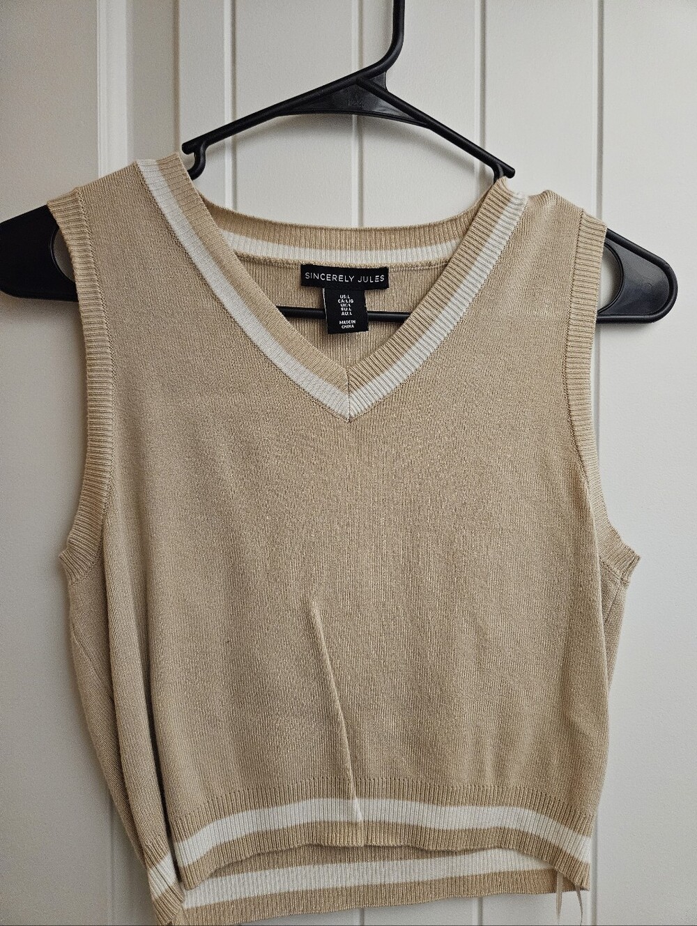 Sincerly Jules Tan V-Neck Ribbed Sweater Vest with White Striped Edges
